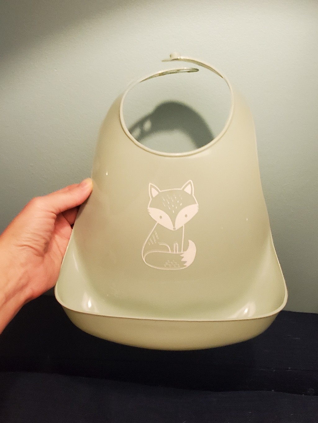 Plastic Baby Bib With Pocket - Green With Fox Print